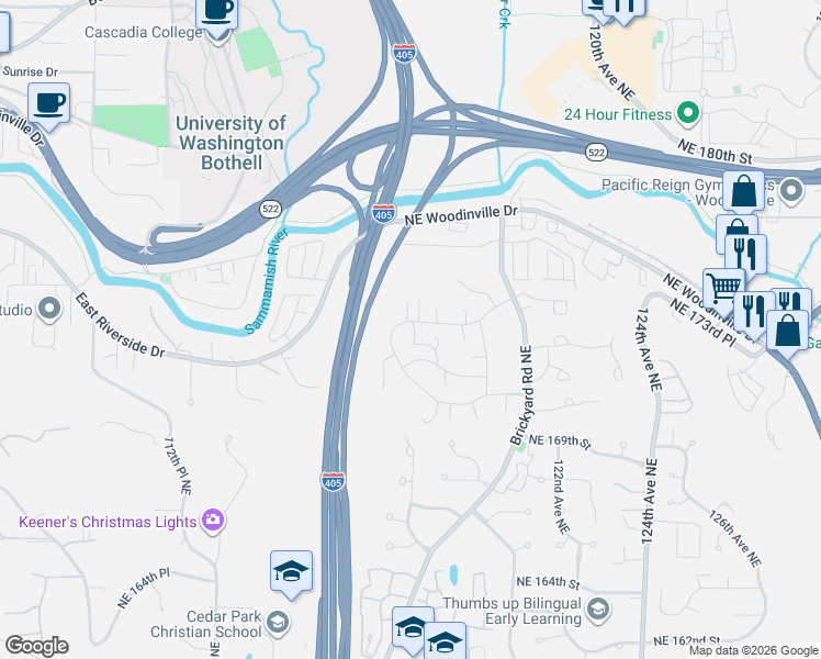 map of restaurants, bars, coffee shops, grocery stores, and more near 17317 Woodcrest Drive Northeast in Bothell