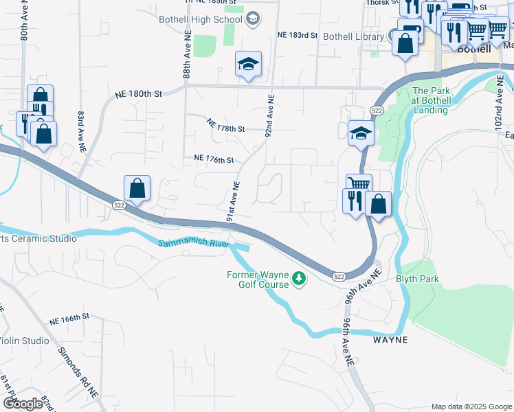 map of restaurants, bars, coffee shops, grocery stores, and more near 17364 92nd Avenue Northeast in Bothell