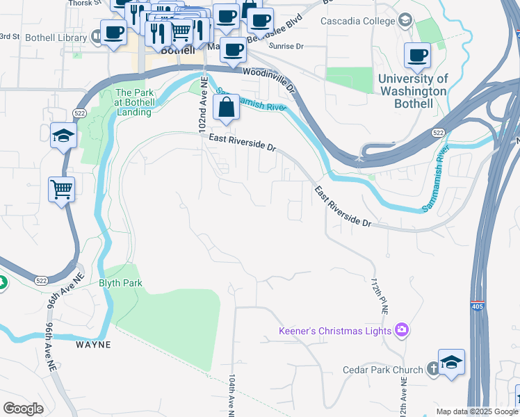 map of restaurants, bars, coffee shops, grocery stores, and more near 17502 102nd Avenue Northeast in Bothell