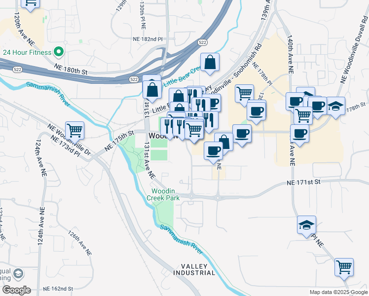 map of restaurants, bars, coffee shops, grocery stores, and more near 17401 133rd Avenue Northeast in Woodinville