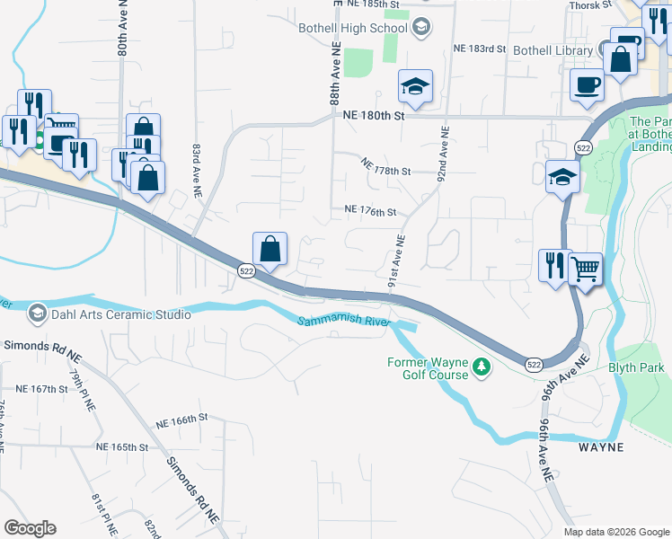 map of restaurants, bars, coffee shops, grocery stores, and more near 8818 Northeast 173rd Place in Bothell