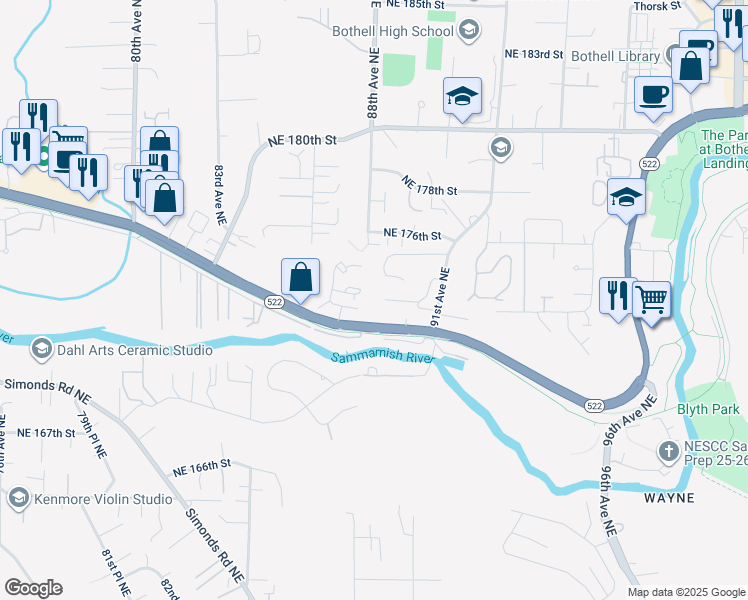 map of restaurants, bars, coffee shops, grocery stores, and more near 8818 Northeast 173rd Place in Bothell