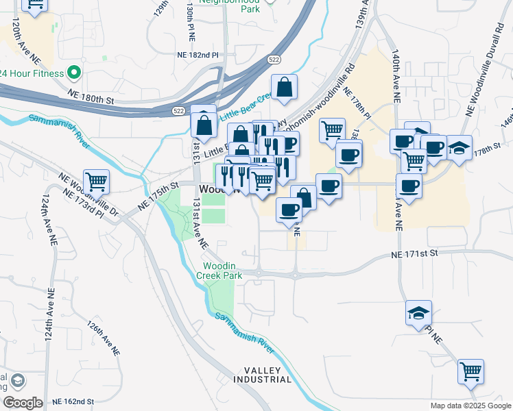 map of restaurants, bars, coffee shops, grocery stores, and more near 13311 Northeast 175th Street in Woodinville