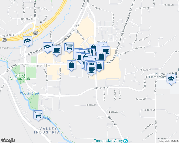 map of restaurants, bars, coffee shops, grocery stores, and more near 13901 139th Avenue Northeast in Woodinville