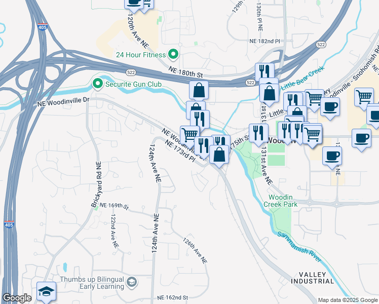 map of restaurants, bars, coffee shops, grocery stores, and more near 12461 Northeast Woodinville Drive in Woodinville
