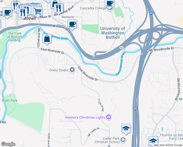 map of restaurants, bars, coffee shops, grocery stores, and more near 10837 East Riverside Drive in Bothell