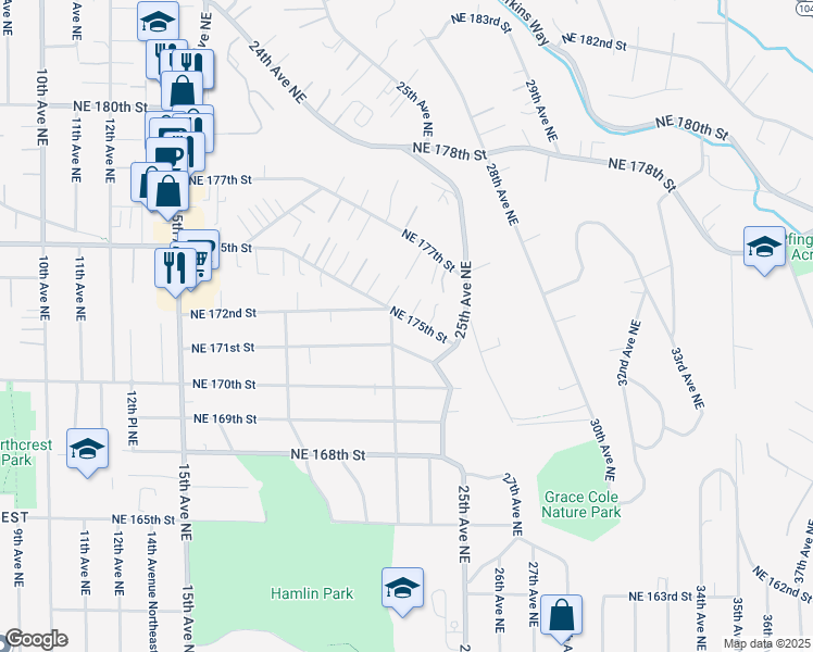 map of restaurants, bars, coffee shops, grocery stores, and more near 2211 Northeast 175th Street in Shoreline