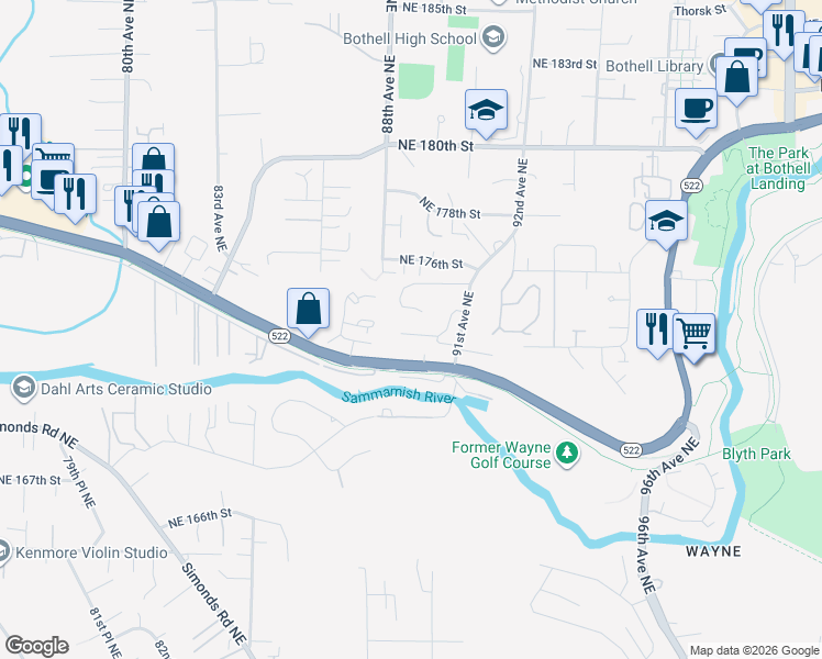 map of restaurants, bars, coffee shops, grocery stores, and more near 8834 Northeast 173rd Place in Bothell