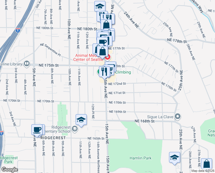 map of restaurants, bars, coffee shops, grocery stores, and more near in Shoreline