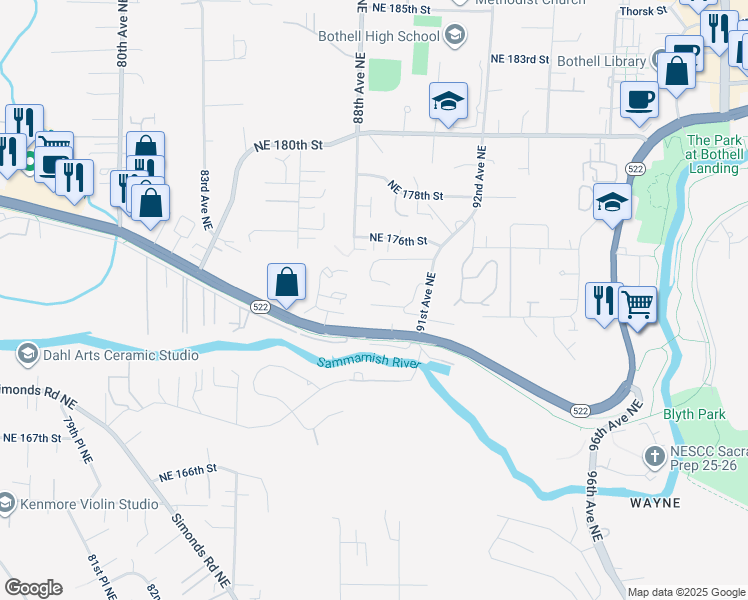 map of restaurants, bars, coffee shops, grocery stores, and more near 8834 Northeast 173rd Place in Bothell
