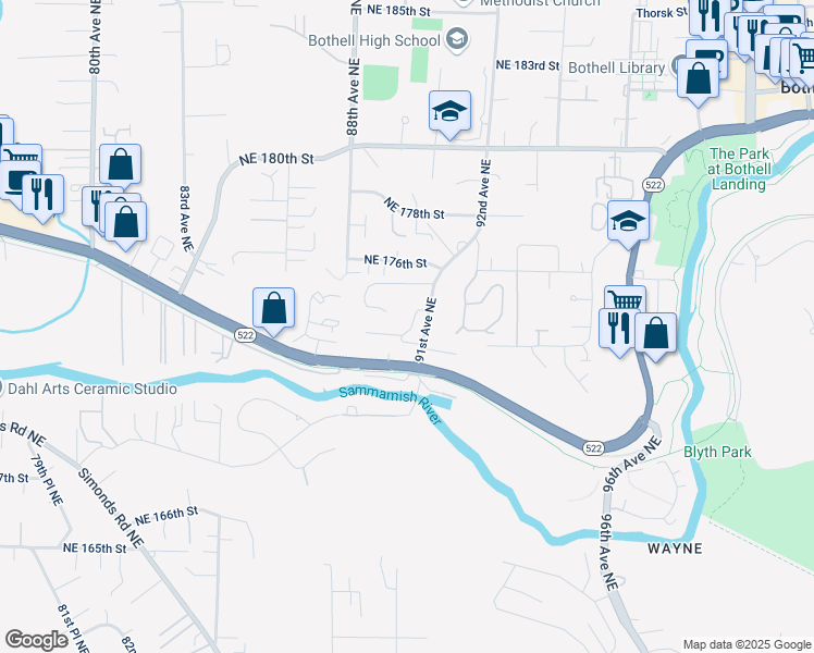 map of restaurants, bars, coffee shops, grocery stores, and more near 17309 91st Avenue Northeast in Bothell