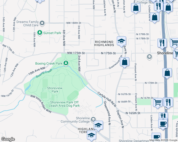 map of restaurants, bars, coffee shops, grocery stores, and more near 331 Northwest 172nd Street in Shoreline