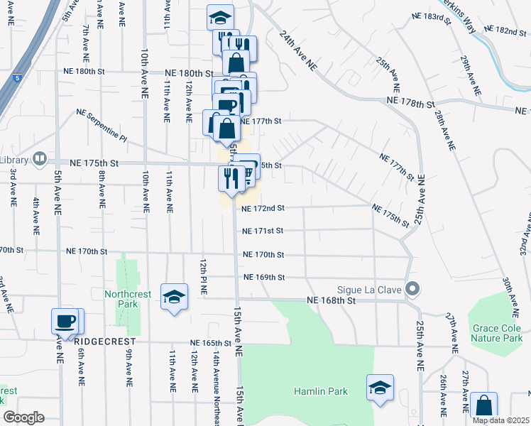 map of restaurants, bars, coffee shops, grocery stores, and more near 1541 Northeast 172nd Street in Shoreline