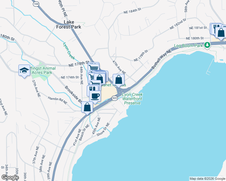 map of restaurants, bars, coffee shops, grocery stores, and more near 17425 Ballinger Way Northeast in Lake Forest Park
