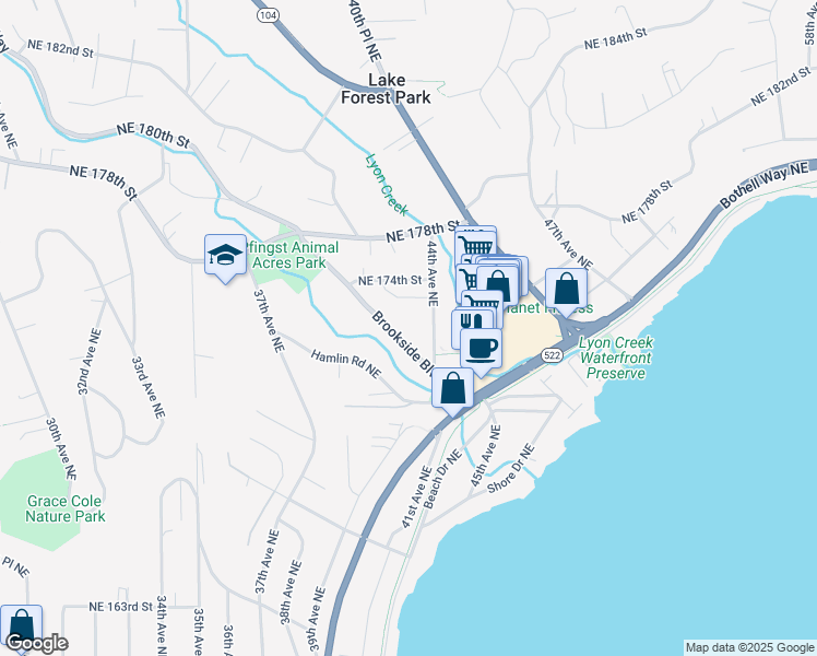 map of restaurants, bars, coffee shops, grocery stores, and more near 17082 Brookside Boulevard Northeast in Lake Forest Park