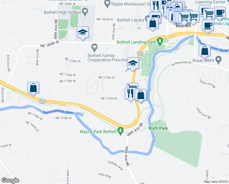 map of restaurants, bars, coffee shops, grocery stores, and more near 9430 Northeast 173rd Place in Bothell