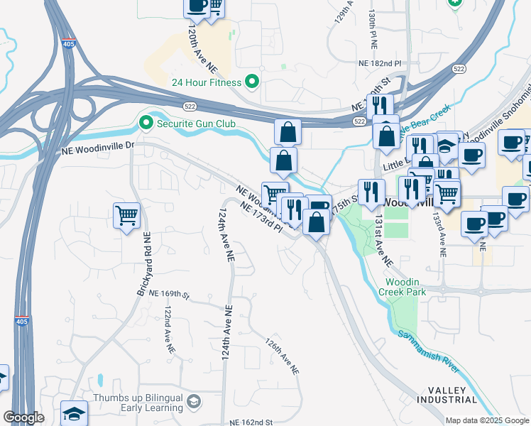 map of restaurants, bars, coffee shops, grocery stores, and more near 12461 Northeast Woodinville Drive in Woodinville