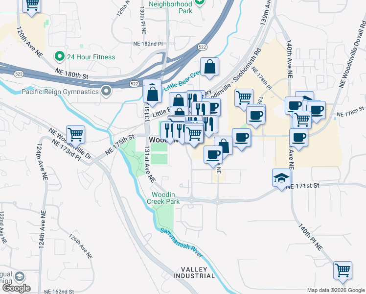 map of restaurants, bars, coffee shops, grocery stores, and more near 13311 Northeast 175th Street in Woodinville