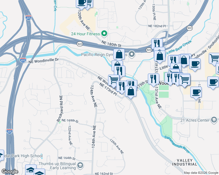 map of restaurants, bars, coffee shops, grocery stores, and more near 12461 Northeast Woodinville Drive in Woodinville