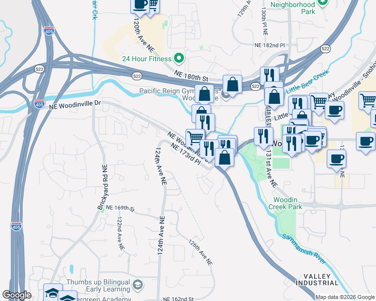 map of restaurants, bars, coffee shops, grocery stores, and more near 12461 Northeast Woodinville Drive in Woodinville