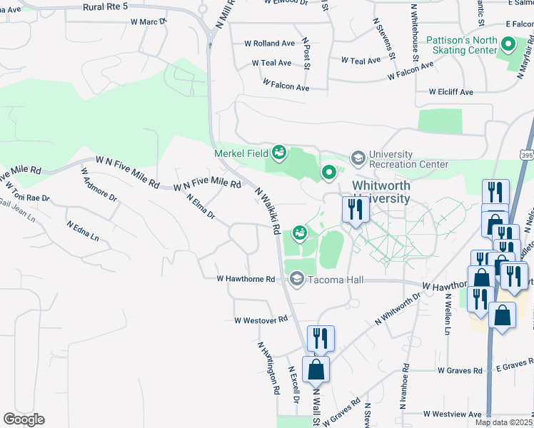 map of restaurants, bars, coffee shops, grocery stores, and more near 10627 North Waikiki Road in Spokane