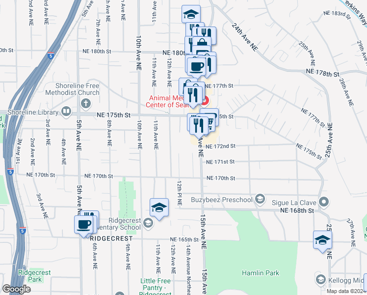 map of restaurants, bars, coffee shops, grocery stores, and more near 17127 15th Avenue Northeast in Shoreline
