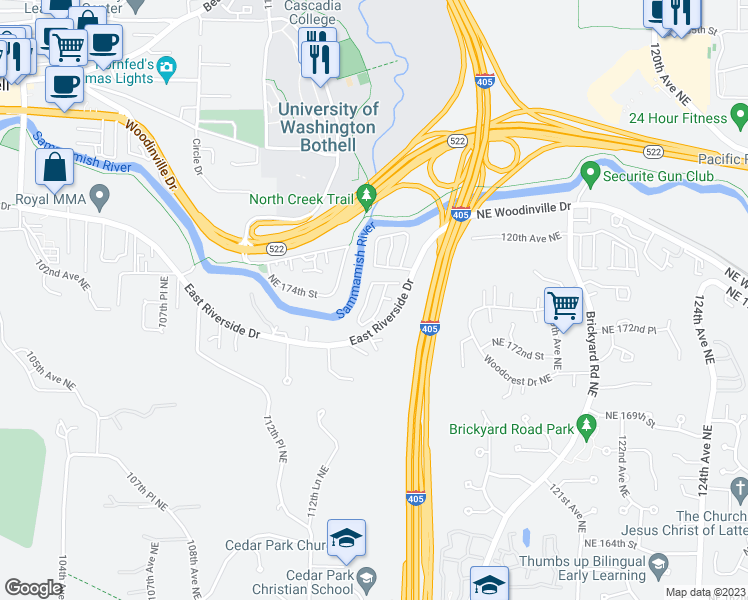 map of restaurants, bars, coffee shops, grocery stores, and more near 11330 East Riverside Drive in Bothell