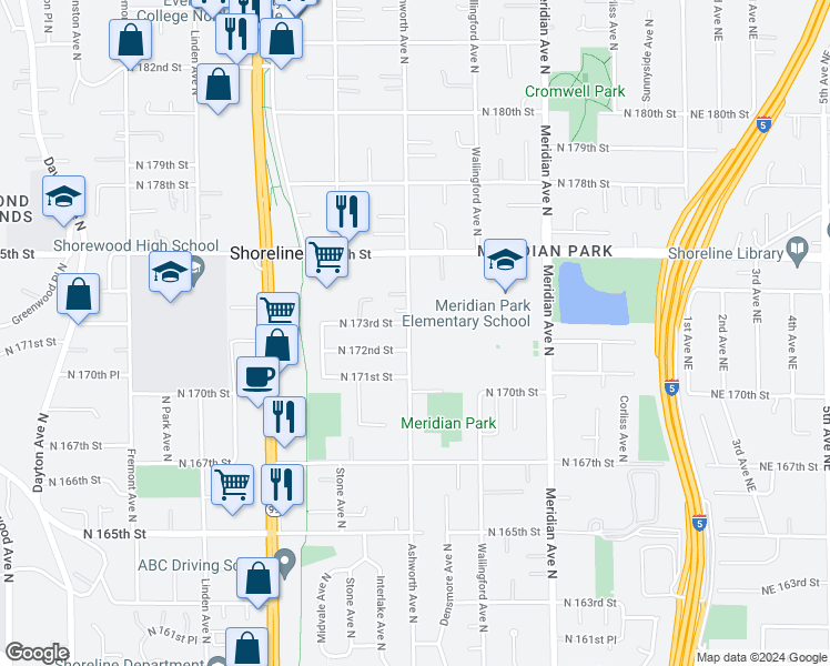 map of restaurants, bars, coffee shops, grocery stores, and more near 17222 Ashworth Avenue North in Shoreline