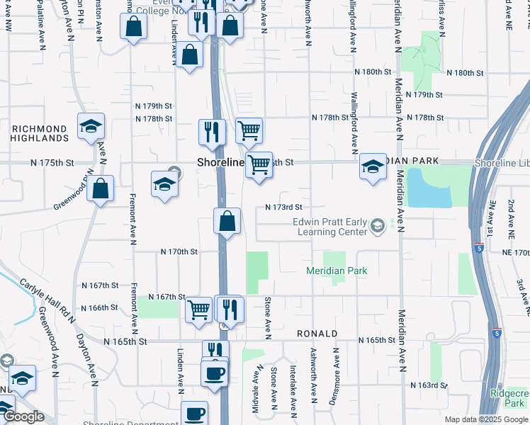 map of restaurants, bars, coffee shops, grocery stores, and more near 1211 North 173rd Street in Shoreline