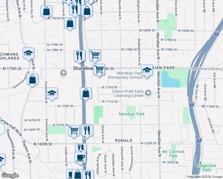 map of restaurants, bars, coffee shops, grocery stores, and more near 1241 North 173rd Street in Shoreline