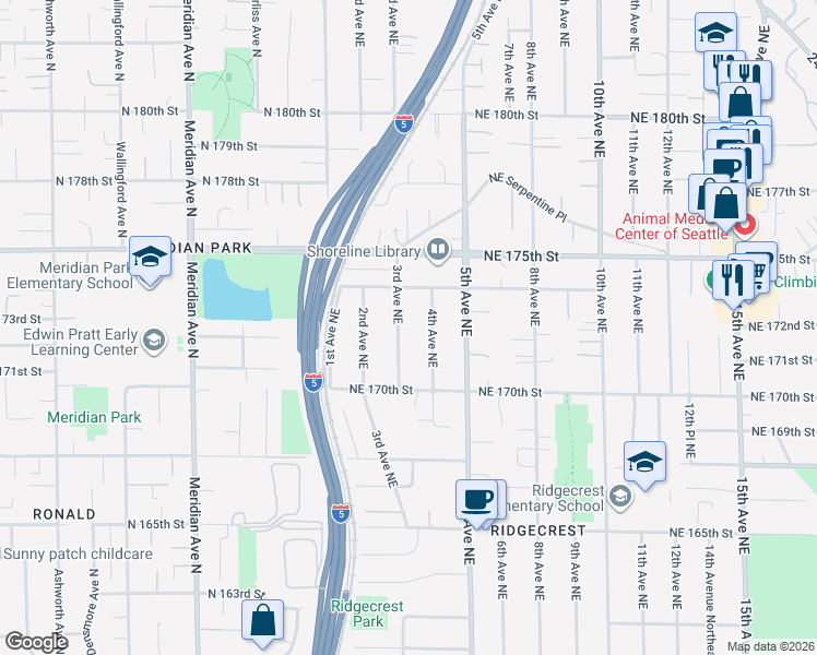 map of restaurants, bars, coffee shops, grocery stores, and more near 17060 3rd Avenue Northeast in Shoreline