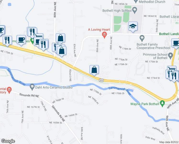 map of restaurants, bars, coffee shops, grocery stores, and more near 8428 Bothell Way Northeast in Bothell