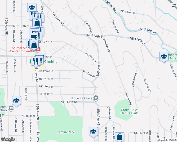 map of restaurants, bars, coffee shops, grocery stores, and more near 2224 Northeast 175th Street in Shoreline