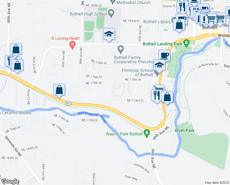 map of restaurants, bars, coffee shops, grocery stores, and more near 17364 92nd Ave NE in Bothell