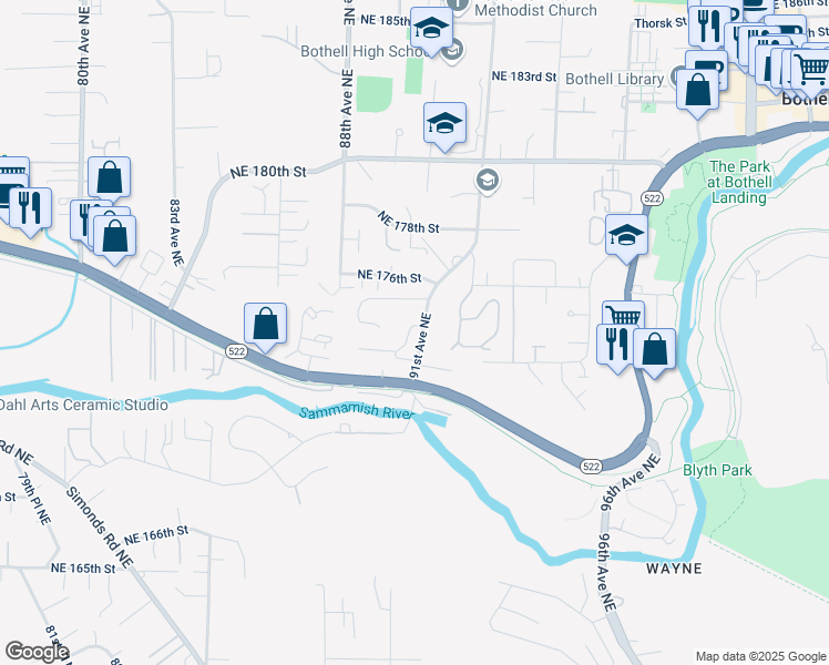 map of restaurants, bars, coffee shops, grocery stores, and more near 17349 92nd Avenue Northeast in Bothell