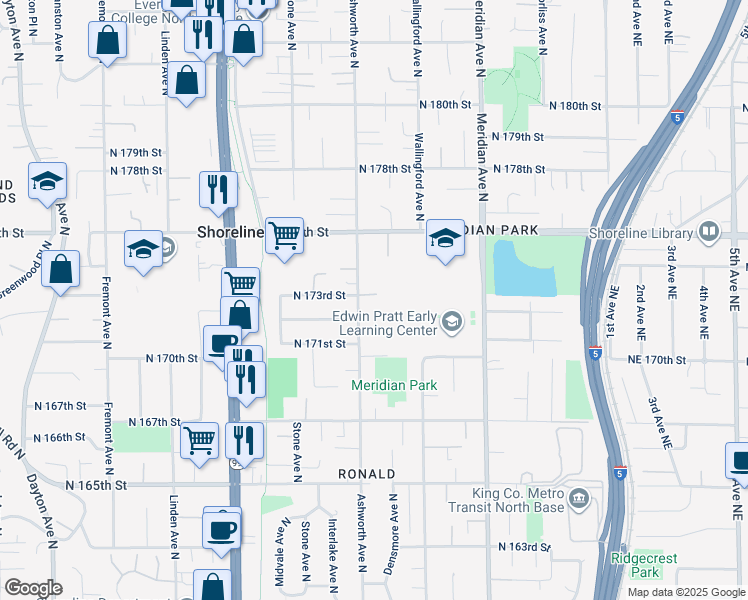 map of restaurants, bars, coffee shops, grocery stores, and more near 17228 Ashworth Avenue North in Shoreline
