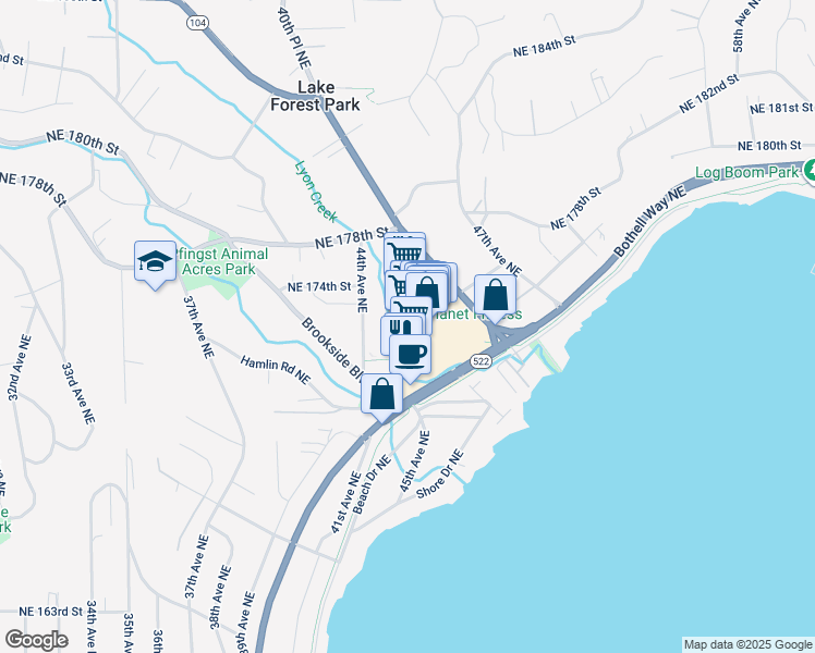map of restaurants, bars, coffee shops, grocery stores, and more near 17171 Bothell Way Northeast in Lake Forest Park