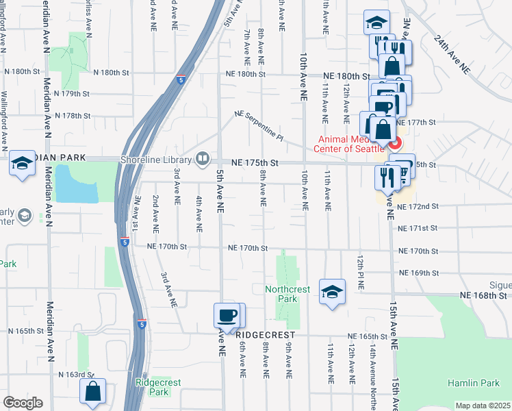 map of restaurants, bars, coffee shops, grocery stores, and more near 17201 8th Avenue Northeast in Shoreline
