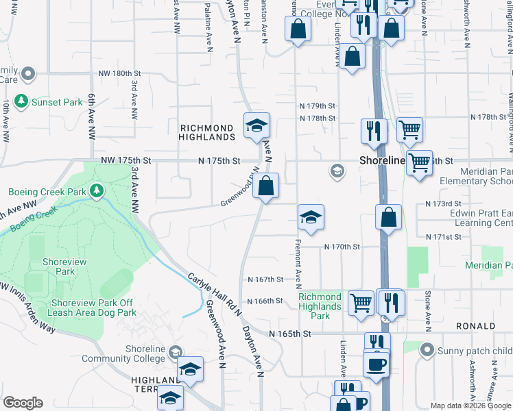 map of restaurants, bars, coffee shops, grocery stores, and more near 17115 Dayton Avenue North in Shoreline