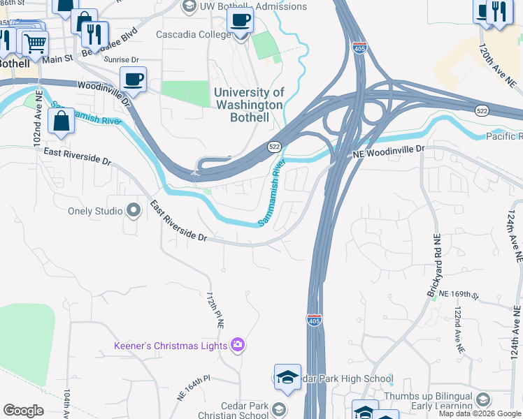 map of restaurants, bars, coffee shops, grocery stores, and more near 17402 113th Avenue Northeast in Bothell