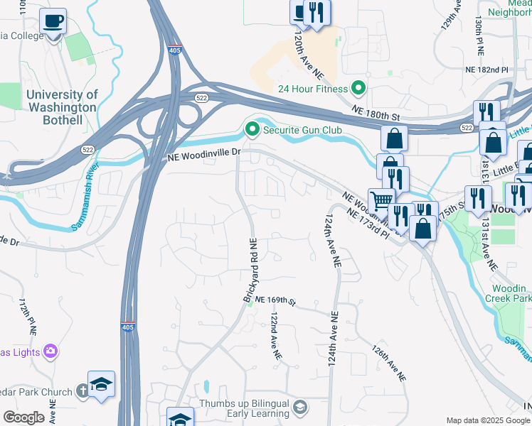 map of restaurants, bars, coffee shops, grocery stores, and more near 12127 173rd Northeast Drive in Bothell