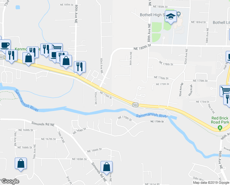 map of restaurants, bars, coffee shops, grocery stores, and more near 8428 Bothell Way Northeast in Bothell