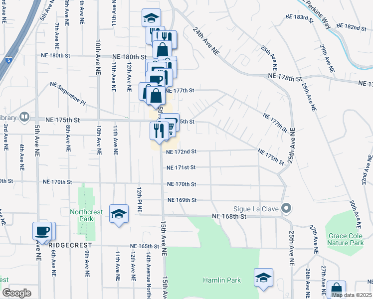 map of restaurants, bars, coffee shops, grocery stores, and more near 1541 Northeast 172nd Street in Shoreline