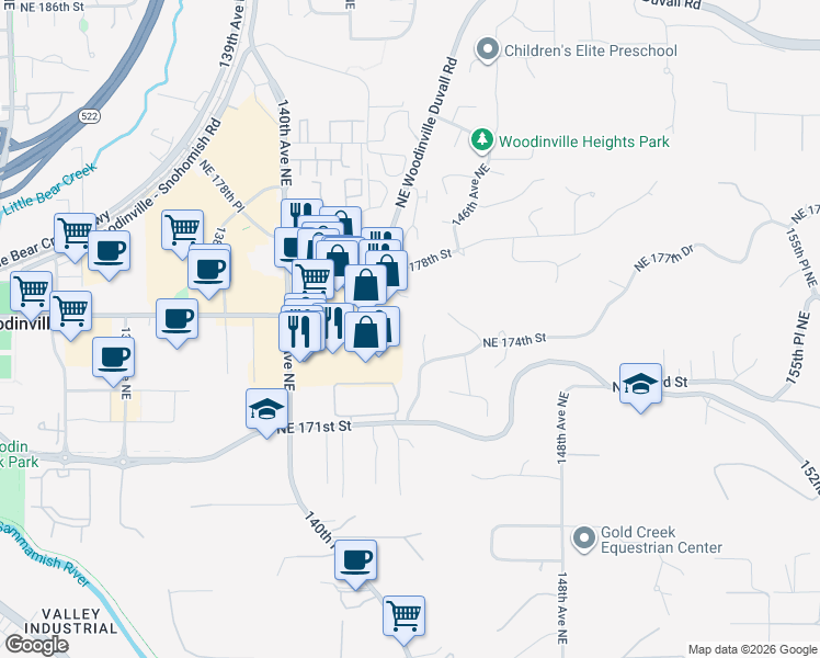 map of restaurants, bars, coffee shops, grocery stores, and more near 17423 143rd Place Northeast in Woodinville