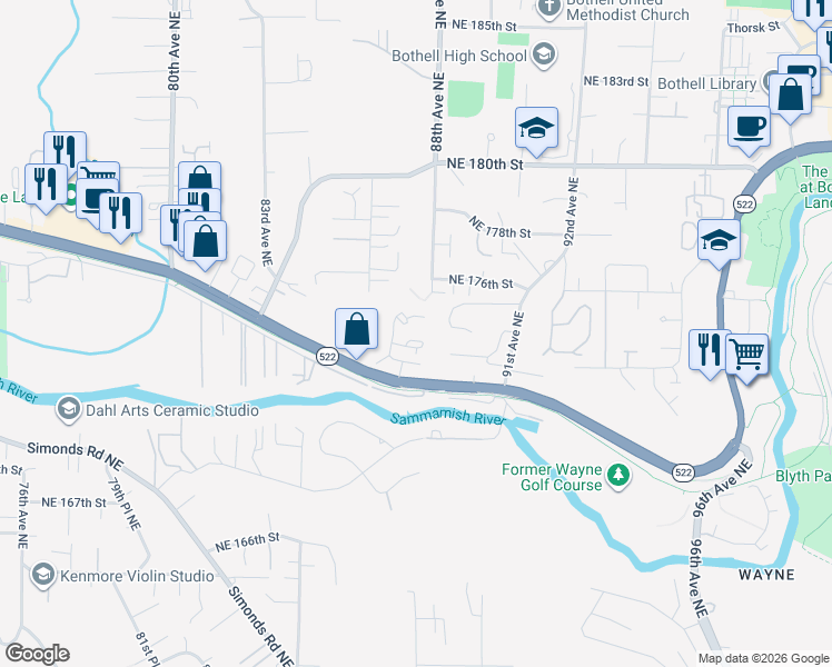 map of restaurants, bars, coffee shops, grocery stores, and more near 8700 Bothell Way Northeast in Bothell