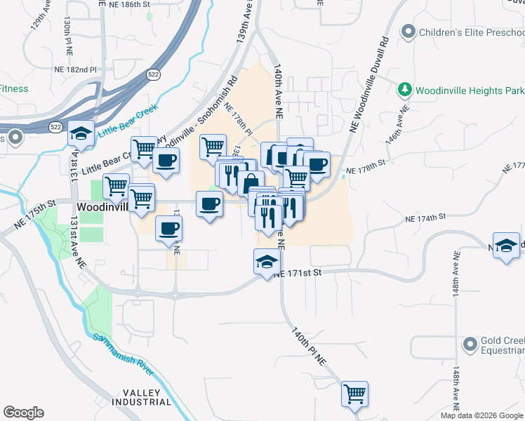 map of restaurants, bars, coffee shops, grocery stores, and more near 13901 139th Avenue Northeast in Woodinville