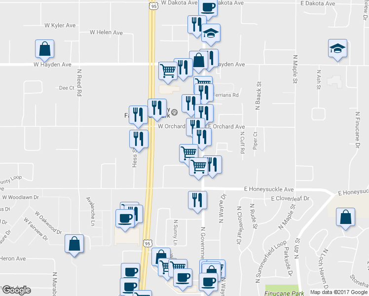 map of restaurants, bars, coffee shops, grocery stores, and more near 150 West Sargent Drive in Hayden