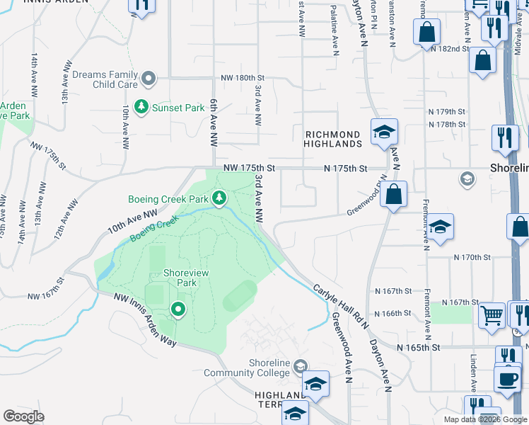 map of restaurants, bars, coffee shops, grocery stores, and more near 17202 3rd Avenue Northwest in Shoreline