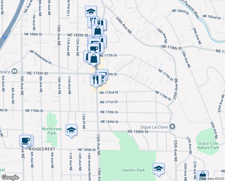map of restaurants, bars, coffee shops, grocery stores, and more near 1541 Northeast 172nd Street in Shoreline