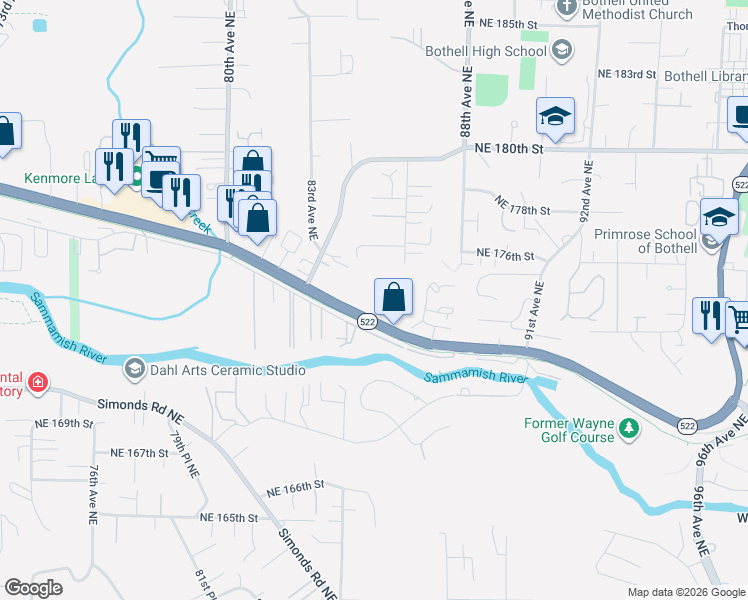 map of restaurants, bars, coffee shops, grocery stores, and more near 8428 Bothell Way Northeast in Bothell